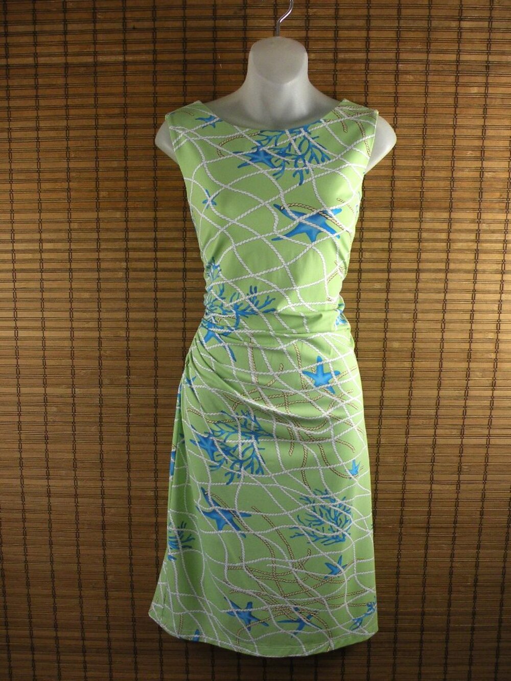 J. McLaughlin Green Sea Coral Rope Nautical Stretch Ruched Dress Size Large